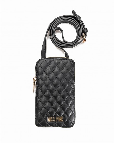 Bolso porta móvil flecos y trenzado piel negro